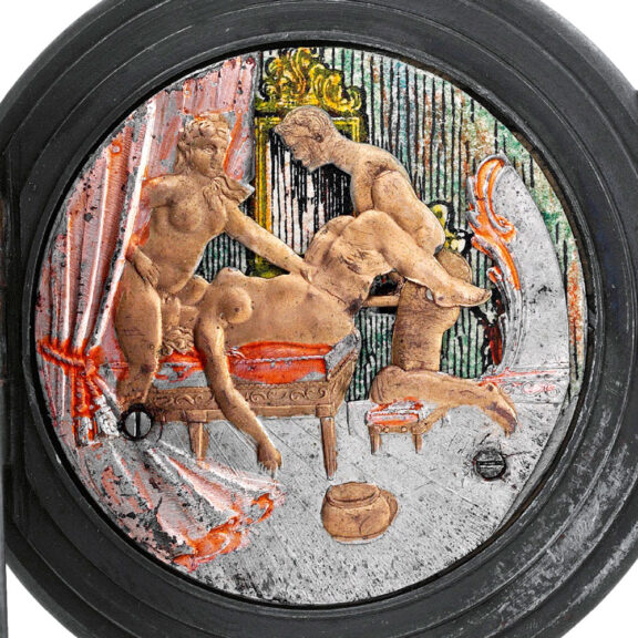 Gunmetal pocket watch with concealed erotic automaton Circa 1900 Gunmetal pocket watch with concealed erotic automaton Circa 1900