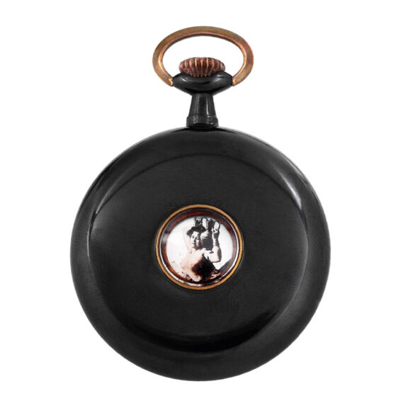 Swiss gunmetal pocket watch with passing erotic automata Circa 1901