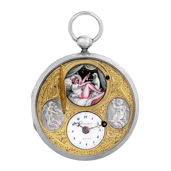 French silver watch with concealed erotic enamel scene Circa 1810
