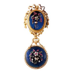 Swiss gold, blue glass, diamond, pearl, ruby-set brooch watch Circa 1810