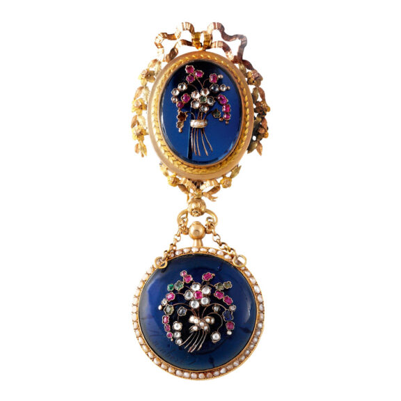 Swiss gold, blue glass, diamond, pearl, ruby-set brooch watch Circa 1810