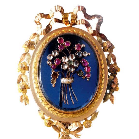 Swiss gold, blue glass, diamond, pearl, ruby-set brooch watch Circa 1810 Swiss gold, blue glass, diamond, pearl, ruby-set brooch watch Circa 1810