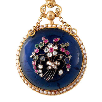 Swiss gold, blue glass, diamond, pearl, ruby-set brooch watch Circa 1810