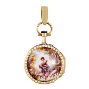 Swiss 18k gold, enamel and pearl-set lady's pendant watch Circa 1900