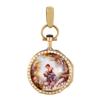 Swiss 18k gold, enamel and pearl-set lady's pendant watch Circa 1900