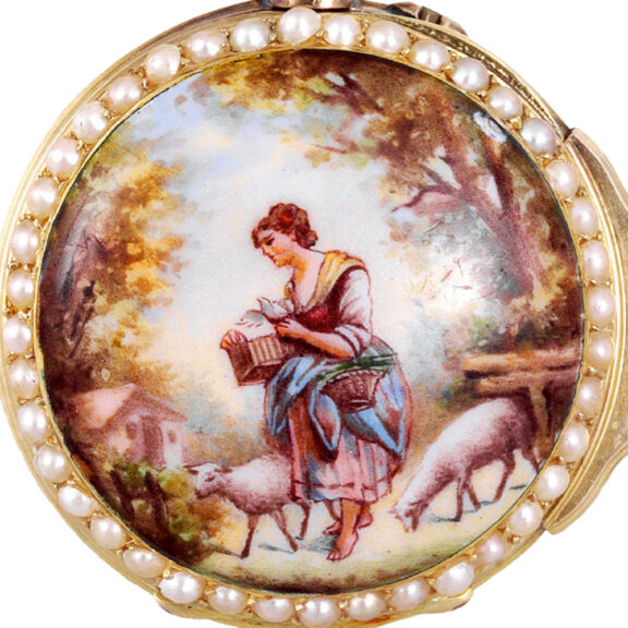 Swiss 18k gold, enamel and pearl-set lady's pendant watch Circa 1900 Swiss 18k gold, enamel and pearl-set lady's pendant watch Circa 1900