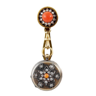 Swiss gold, coral and diamond-set watch with lapel brooch Circa 1840