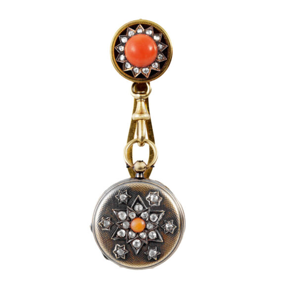 Swiss gold, coral and diamond-set watch with lapel brooch Circa 1840