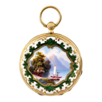 Swiss gold lady's watch with enamel alpine lake view Circa 1850