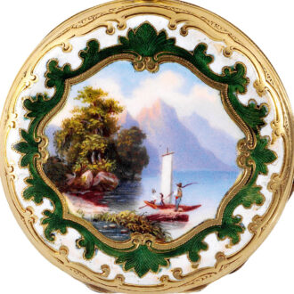 Swiss gold lady's watch with enamel alpine lake view Circa 1850
