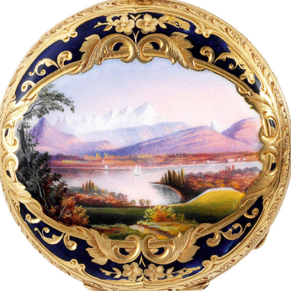 Swiss gold lady's watch with enamel view of Lake Geneva Circa 1850 Swiss gold lady's watch with enamel view of Lake Geneva Circa 1850