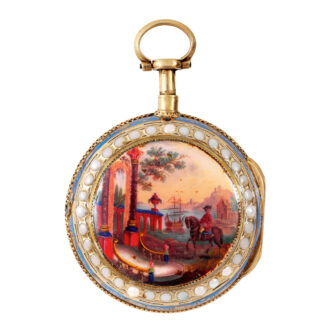 French 18K gold watch with enamel harbour view scene Circa 1765
