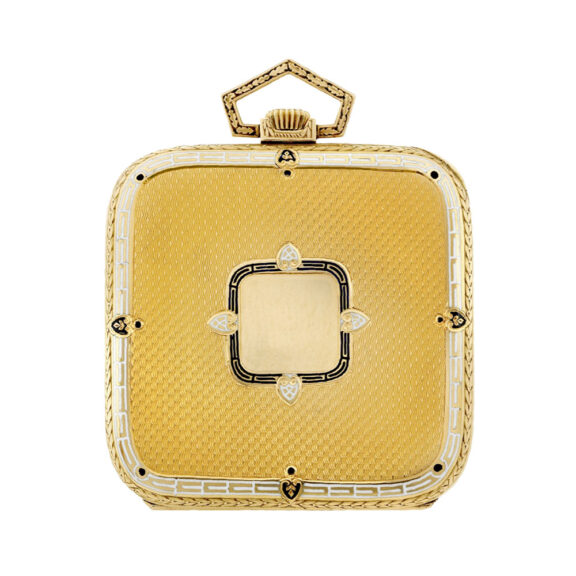 Unusual Swiss gold and enamel decorated square watch Circa 1910 Unusual Swiss gold and enamel decorated square watch Circa 1910