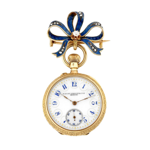 Swiss gold brooch watch in the shape of a ribbon Circa 1890 Swiss gold brooch watch in the shape of a ribbon Circa 1890