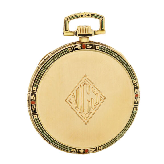 Swiss 18k yellow gold pocket watch decorated with enamel Circa 1921 Swiss 18k yellow gold pocket watch decorated with enamel Circa 1921