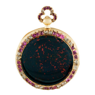 French gold jasper ruby and diamond set pendant watch Circa 1840 French gold jasper ruby and diamond set pendant watch Circa 1840