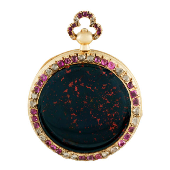 French gold jasper ruby and diamond set pendant watch Circa 1840 French gold jasper ruby and diamond set pendant watch Circa 1840