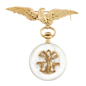 Swiss gold, mother of pearl watch with gold bird brooch Circa 1900