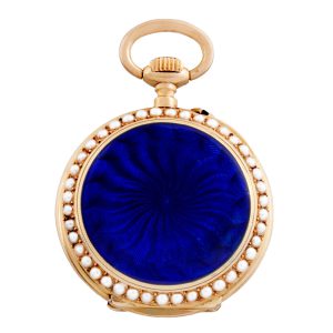 Swiss gold, enamel and pearl-set lady's pendant watch Circa 1900