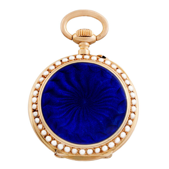 Swiss gold, enamel and pearl-set lady's pendant watch Circa 1900