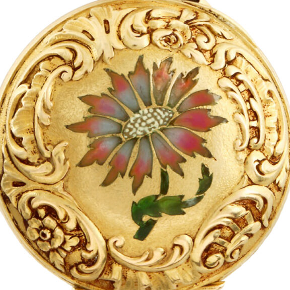 Swiss gold and Plique à jour enamel brooch watch Circa 1890 Swiss gold and Plique à jour enamel brooch watch Circa 1890