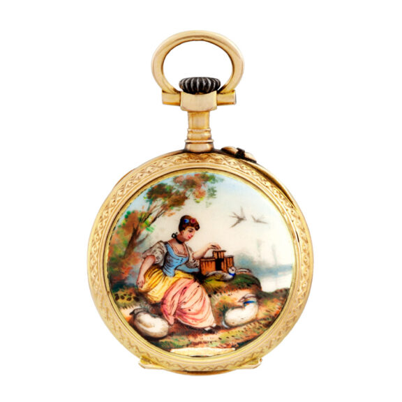 Swiss gold and painted on enamel lady's pendant watch Circa 1890