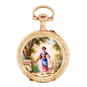 Swiss gold and painted on enamel lady's pendant watch Circa 1900