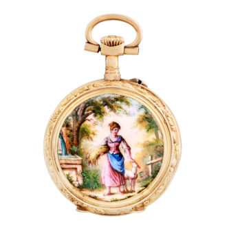 Swiss gold and painted on enamel lady's pendant watch Circa 1900