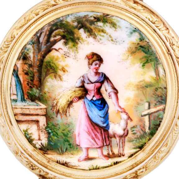 Swiss gold and painted on enamel lady's pendant watch Circa 1900 Swiss gold and painted on enamel lady's pendant watch Circa 1900