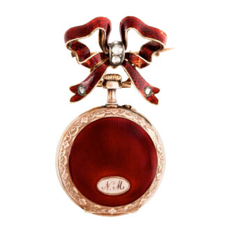 Swiss varicoloured gold and red enamel brooch watch Circa 1900