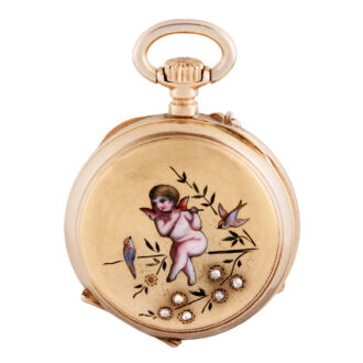 Swiss gold lady's watch with enamel scene of Cupido Circa 1900