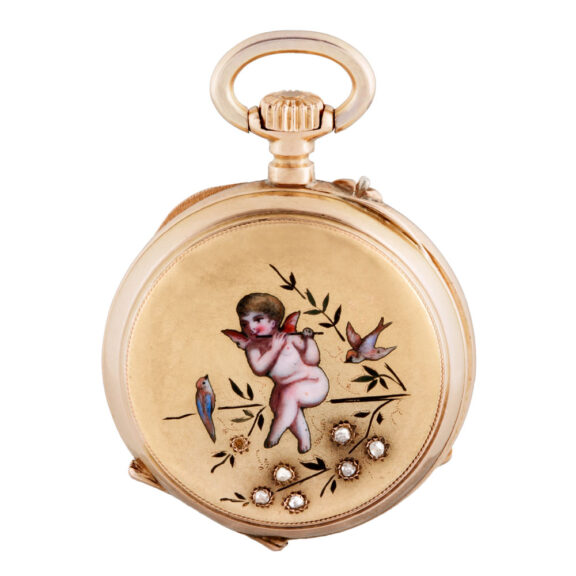 Swiss gold lady's watch with enamel scene of Cupido Circa 1900