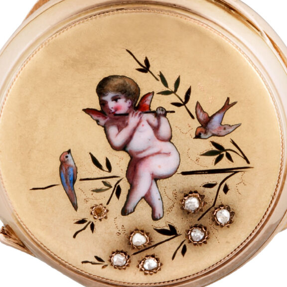Swiss gold lady's watch with enamel scene of Cupido Circa 1900 Swiss gold lady's watch with enamel scene of Cupido Circa 1900