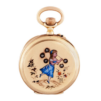 Swiss gold watch with enamel scene of young girl Circa 1900