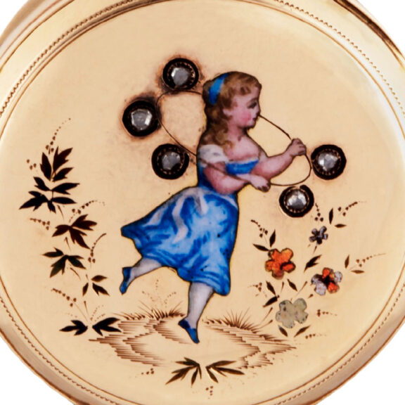 Swiss gold watch with enamel scene of young girl Circa 1900 Swiss gold watch with enamel scene of young girl Circa 1900