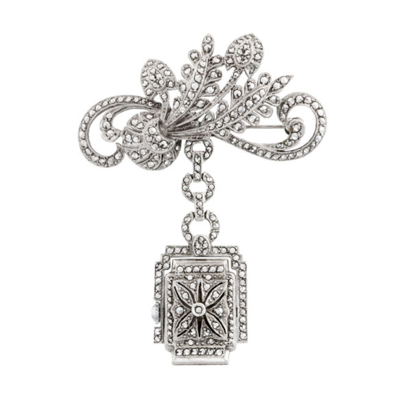 Elegant Swiss silver and marcasite brooch with swivel watch Circa 1950