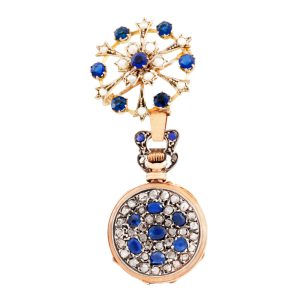 Swiss gold, diamond, pearl and sapphire-set brooch watch Circa 1890