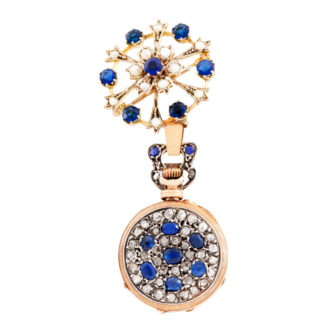 Swiss gold, diamond, pearl and sapphire-set brooch watch Circa 1890
