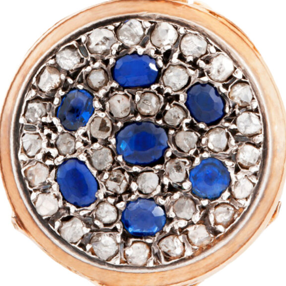 Swiss gold, diamond, pearl and sapphire-set brooch watch Circa 1890 Swiss gold, diamond, pearl and sapphire-set brooch watch Circa 1890