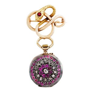 Swiss gold brooch watch with coiled serpent design Circa 1890
