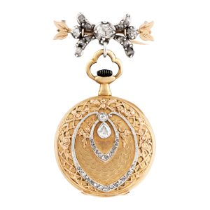 Swiss gold, platinum and diamond-set brooch watch Circa 1900
