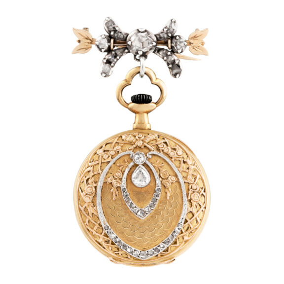 Swiss gold, platinum and diamond-set brooch watch Circa 1900
