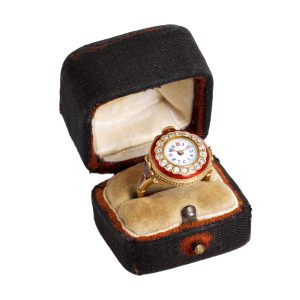 Elegant Swiss 18K gold, enamel and diamond-set ring watch Circa 1910