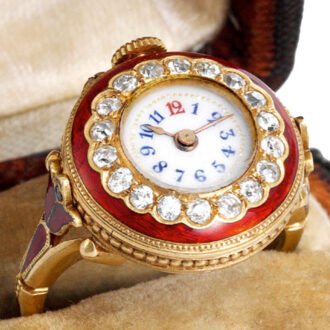 Elegant Swiss 18K gold, enamel and diamond-set ring watch Circa 1910