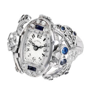 Swiss platinum, sapphire and diamond-set ring watch Circa 1925