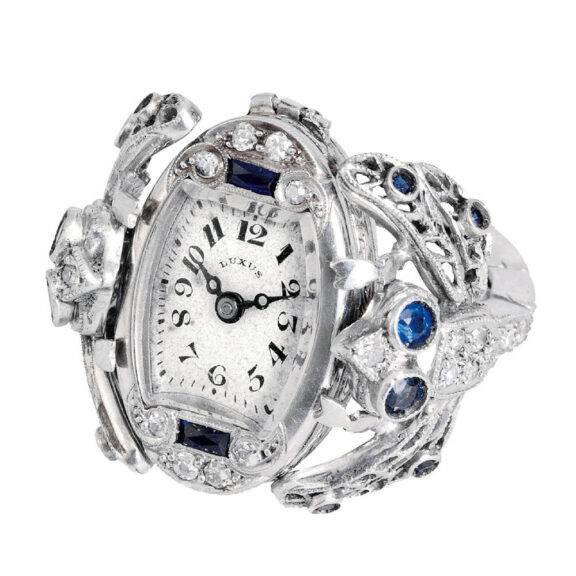 Swiss platinum, sapphire and diamond-set ring watch Circa 1925
