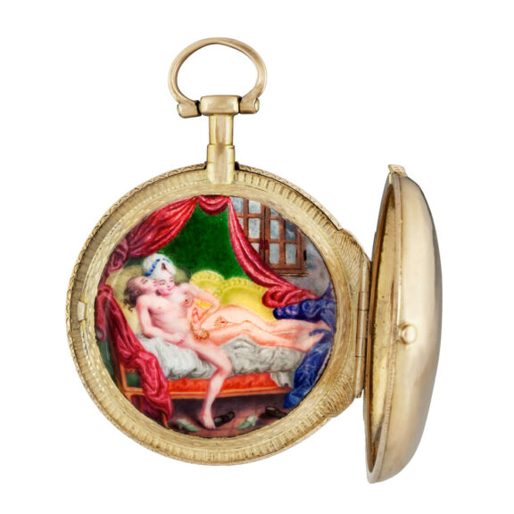 French gold watch with enamel concealed erotic scene Circa 1750
