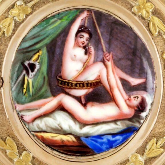 French 18K gold verge with an enamel erotic scene Circa 1780 French 18K gold verge with an enamel erotic scene Circa 1780
