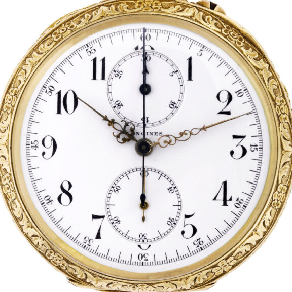Swiss gold open faced with chronograph and register Circa 1905 Swiss gold open faced with chronograph and register Circa 1905