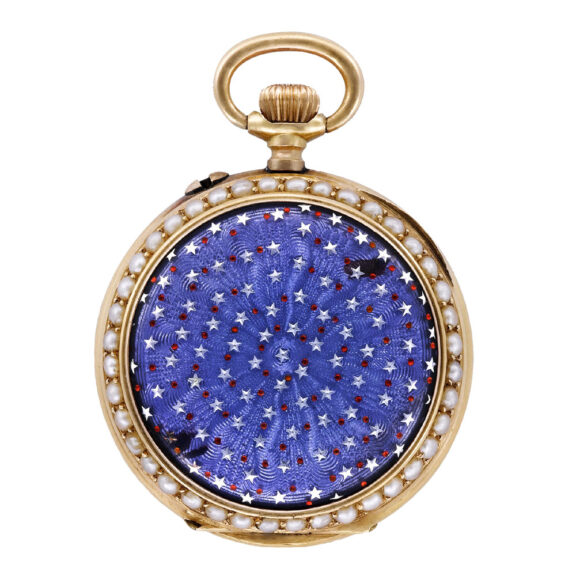 Swiss gold and purple enamel watch set with pearls Circa 1870